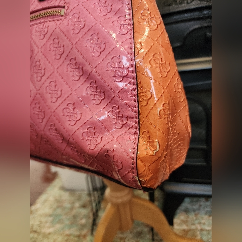 Guess Patchwork Satchel Tote Bag Pink Orange Quilted Logo - Picture 4 of 16